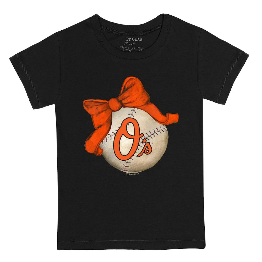 Baltimore Orioles Tiny Turnip Youth Baseball Bow T-Shirt Black