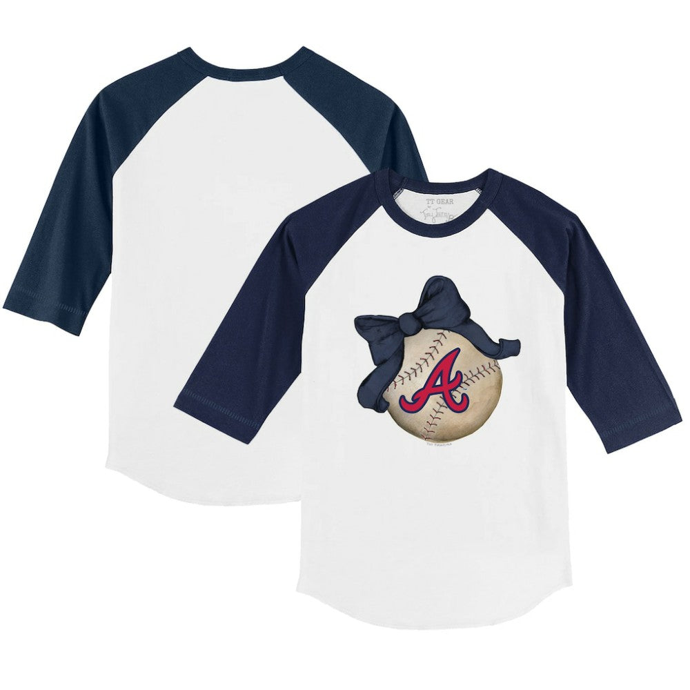 Atlanta Braves Tiny Turnip Youth Baseball Bow 3/4-Sleeve Raglan T-Shirt White/Navy