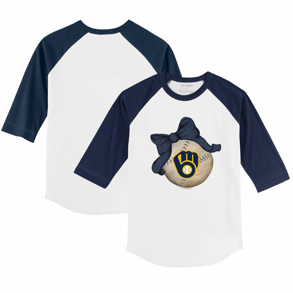 Milwaukee Brewers Tiny Turnip Youth Baseball Bow 3/4-Sleeve Raglan T-Shirt White/Navy
