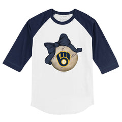 Milwaukee Brewers Tiny Turnip Youth Baseball Bow 3/4-Sleeve Raglan T-Shirt White/Navy