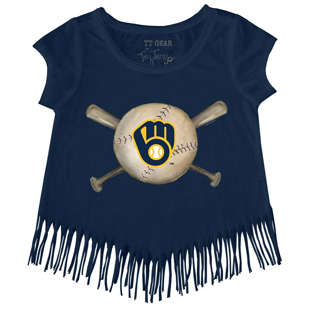 Milwaukee Brewers Tiny Turnip Girls Youth Baseball Cross Bats Fringe T-Shirt Navy