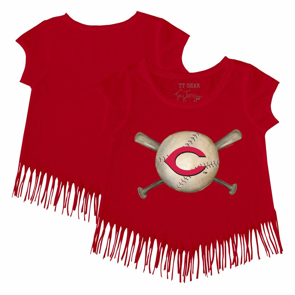 Cincinnati Reds Tiny Turnip Girls Youth Baseball Cross Bats Fringe T-Shirt Red