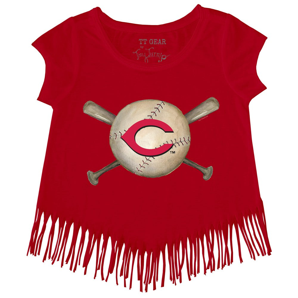 Cincinnati Reds Tiny Turnip Girls Youth Baseball Cross Bats Fringe T-Shirt Red