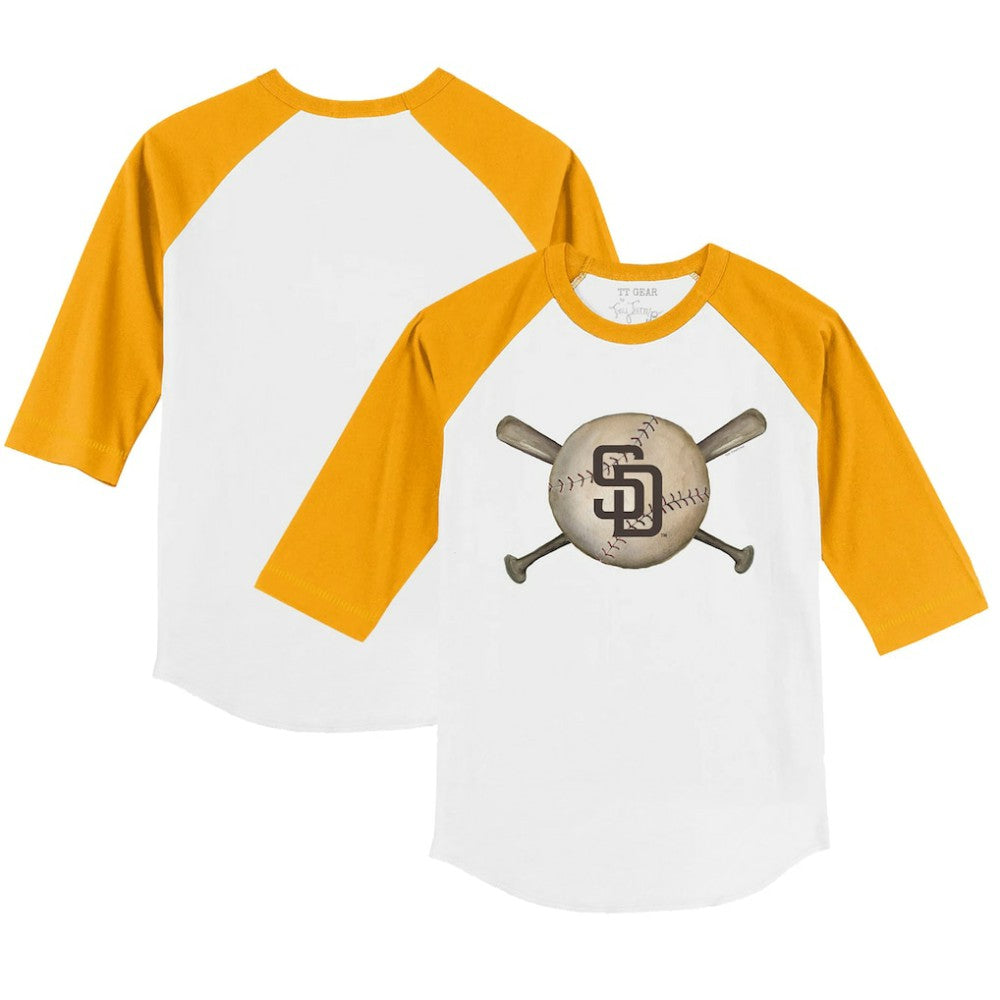 San Diego Padres Tiny Turnip Youth Baseball Cross Bats 3/4-Sleeve Raglan T-Shirt White/Gold