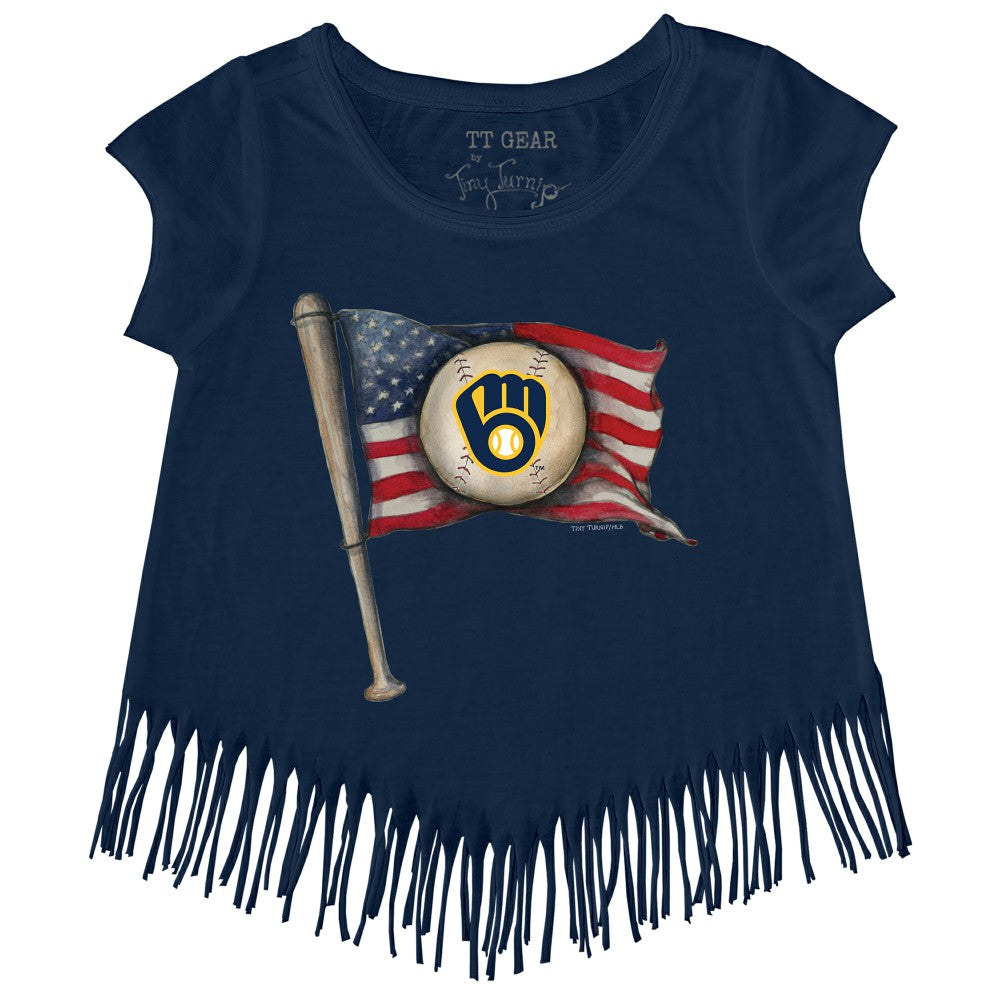 Milwaukee Brewers Tiny Turnip Girls Youth Baseball Flag Fringe T-Shirt Navy