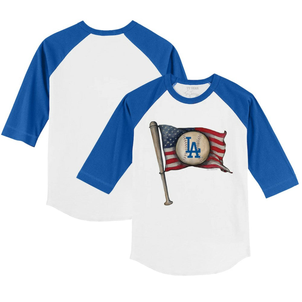 Los Angeles Dodgers Tiny Turnip Youth Baseball Flag 3/4-Sleeve Raglan T-Shirt White/Royal