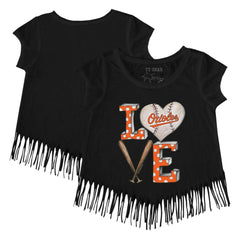 Baltimore Orioles Tiny Turnip Girls Youth Baseball Love Fringe T-Shirt Black