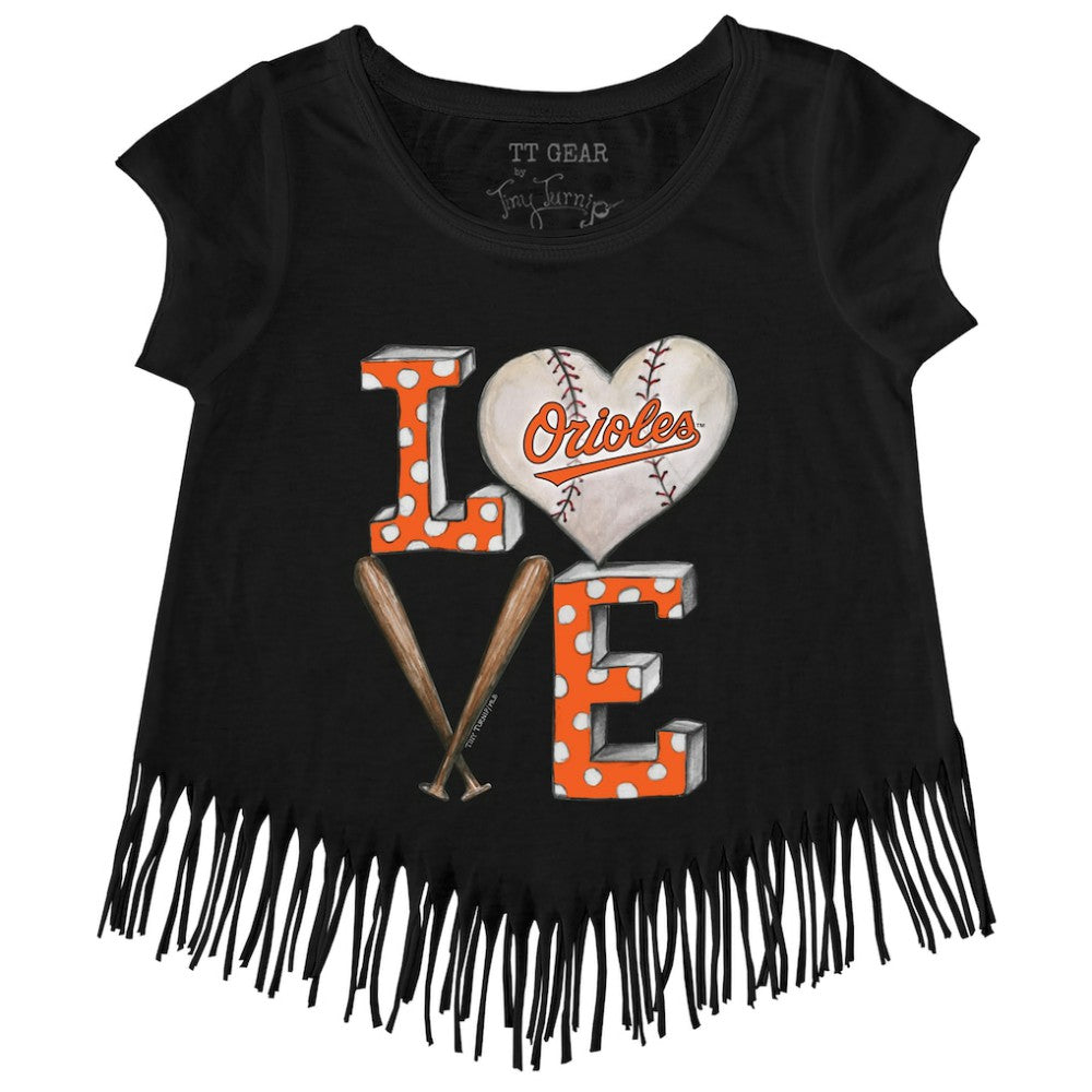 Baltimore Orioles Tiny Turnip Girls Youth Baseball Love Fringe T-Shirt Black