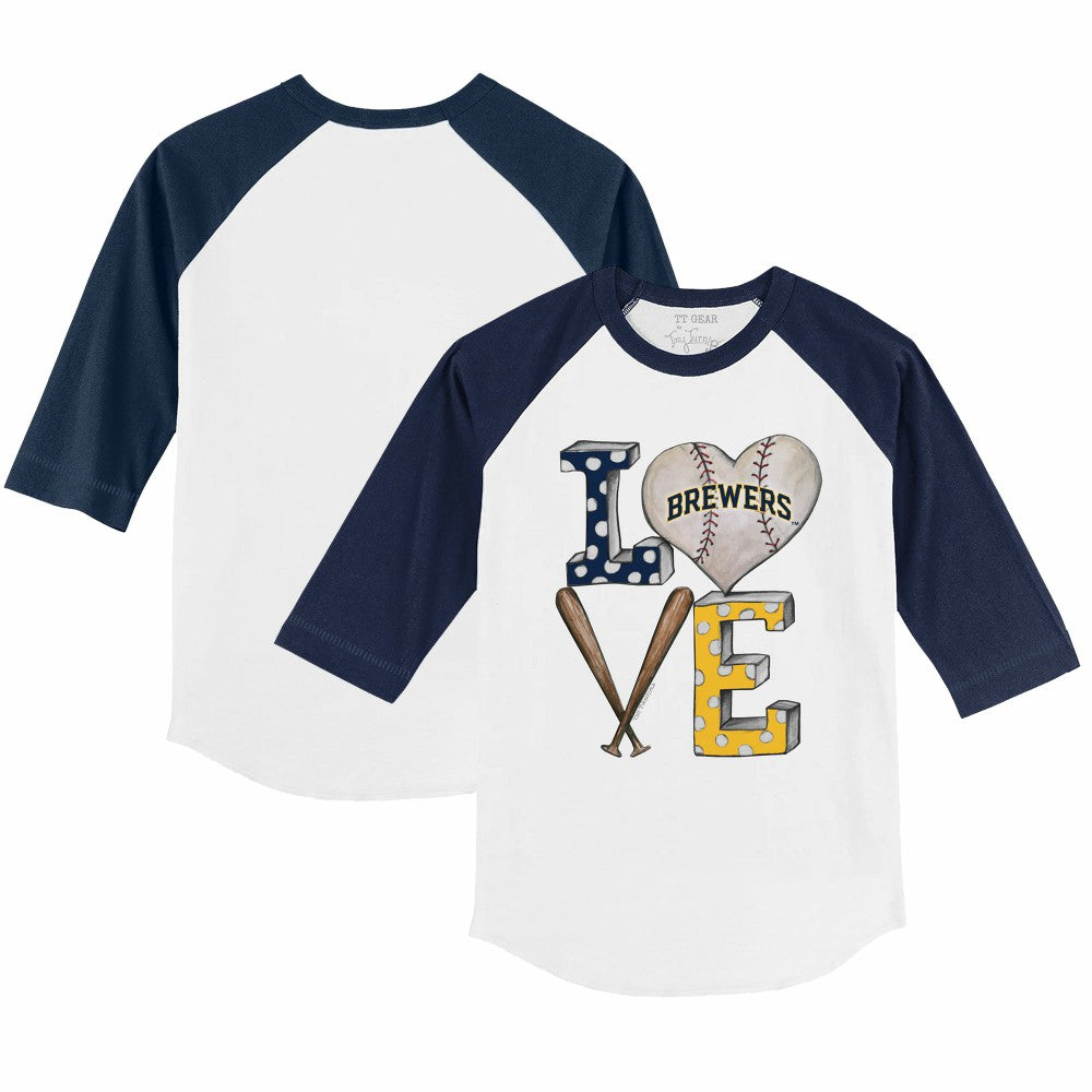 Milwaukee Brewers Tiny Turnip Youth Baseball Love 3/4-Sleeve Raglan T-Shirt White/Navy