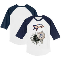 Detroit Tigers Tiny Turnip Youth Baseball Tear 3/4-Sleeve Raglan T-Shirt White/Navy