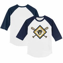 Milwaukee Brewers Tiny Turnip Youth Diamond Cross Bats 3/4-Sleeve Raglan T-Shirt White/Navy