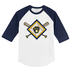 Milwaukee Brewers Tiny Turnip Youth Diamond Cross Bats 3/4-Sleeve Raglan T-Shirt White/Navy