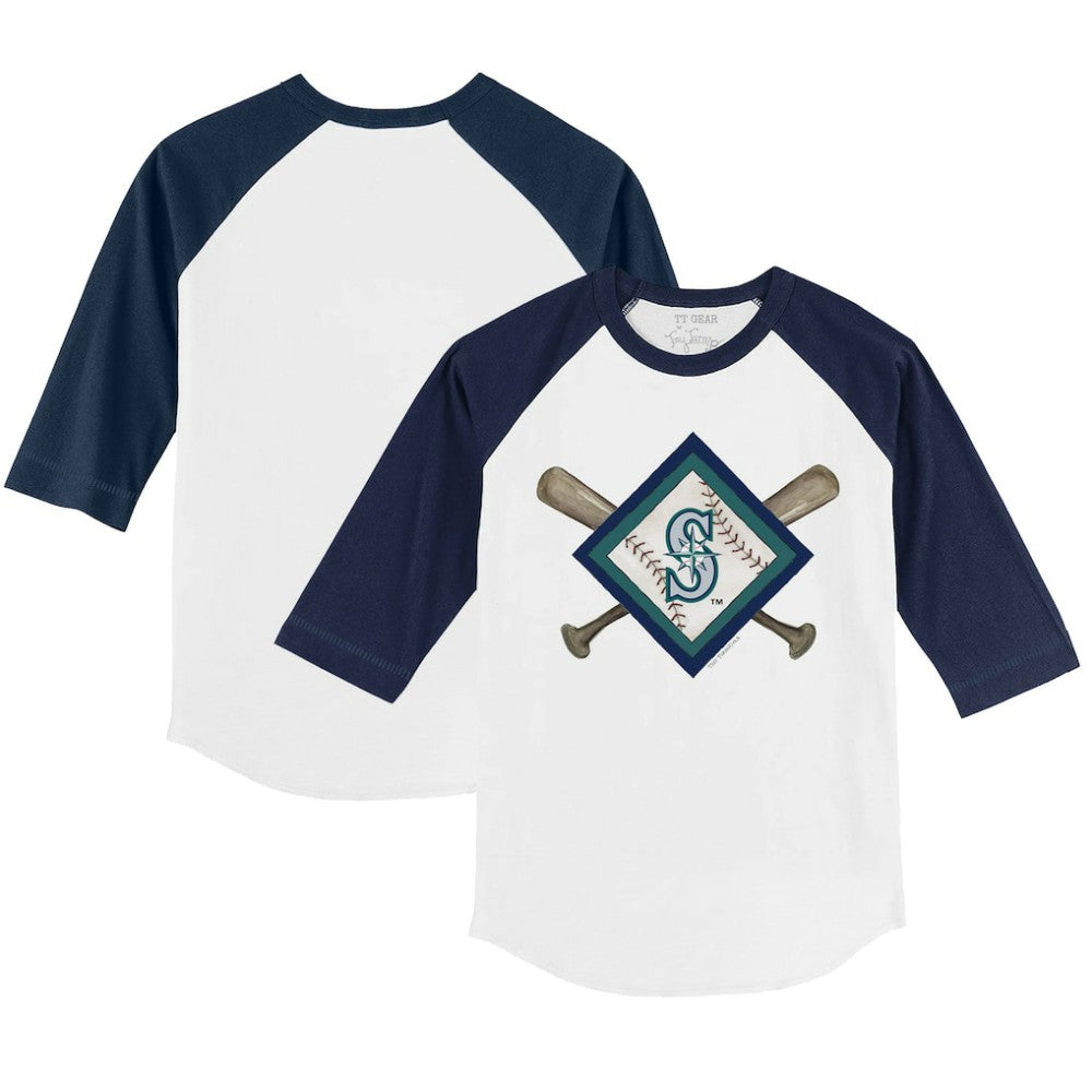 Seattle Mariners Tiny Turnip Youth Diamond Cross Bats 3/4-Sleeve Raglan T-Shirt White/Navy