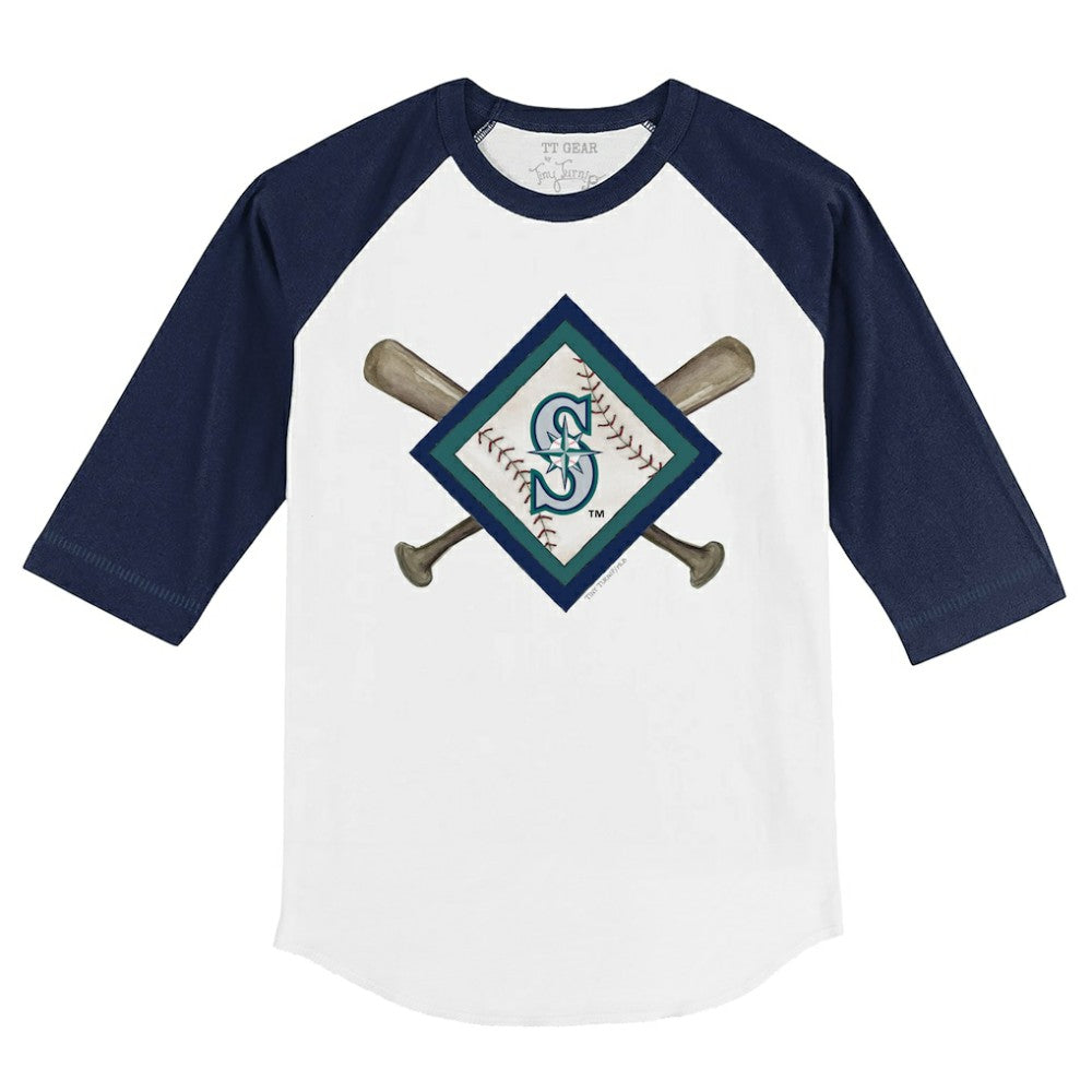 Seattle Mariners Tiny Turnip Youth Diamond Cross Bats 3/4-Sleeve Raglan T-Shirt White/Navy