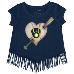 Milwaukee Brewers Tiny Turnip Girls Youth Heart Bat Fringe T-Shirt Navy