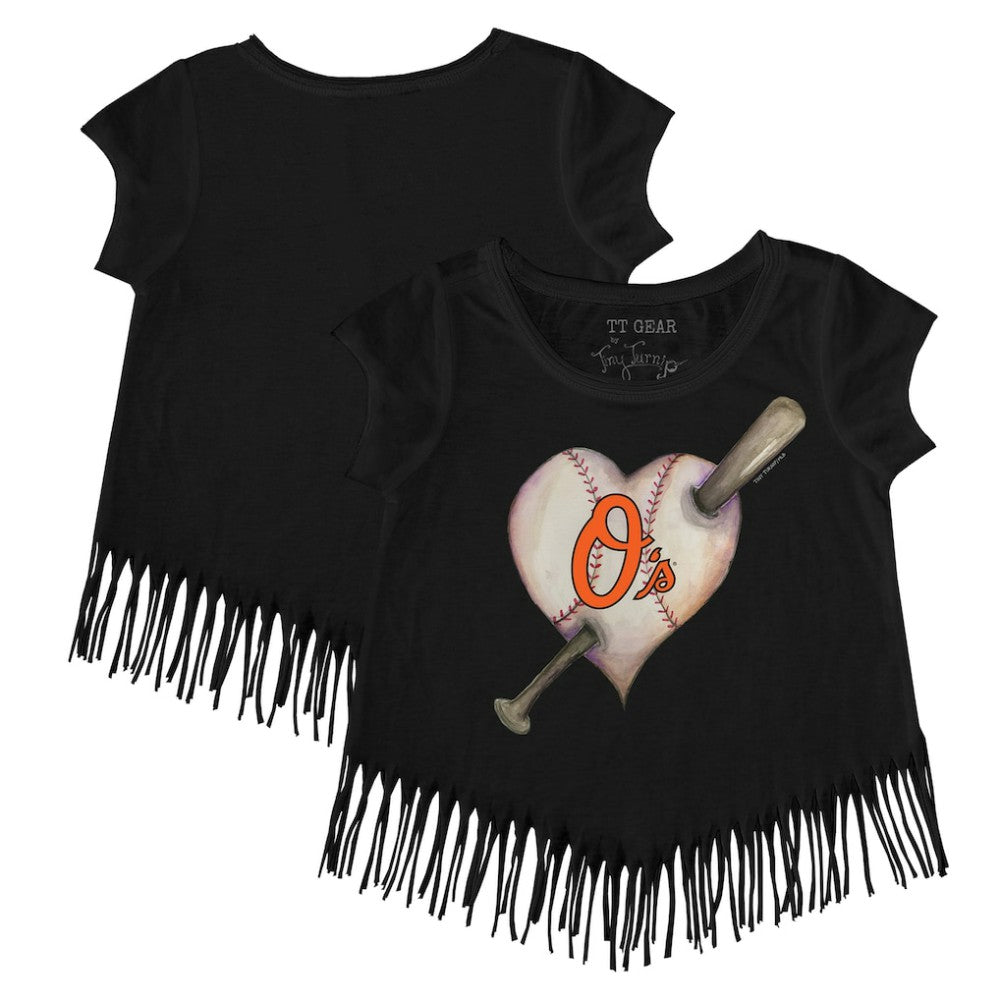 Baltimore Orioles Tiny Turnip Girls Youth Heart Bat Fringe T-Shirt Black