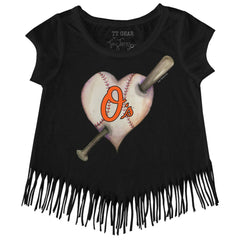 Baltimore Orioles Tiny Turnip Girls Youth Heart Bat Fringe T-Shirt Black