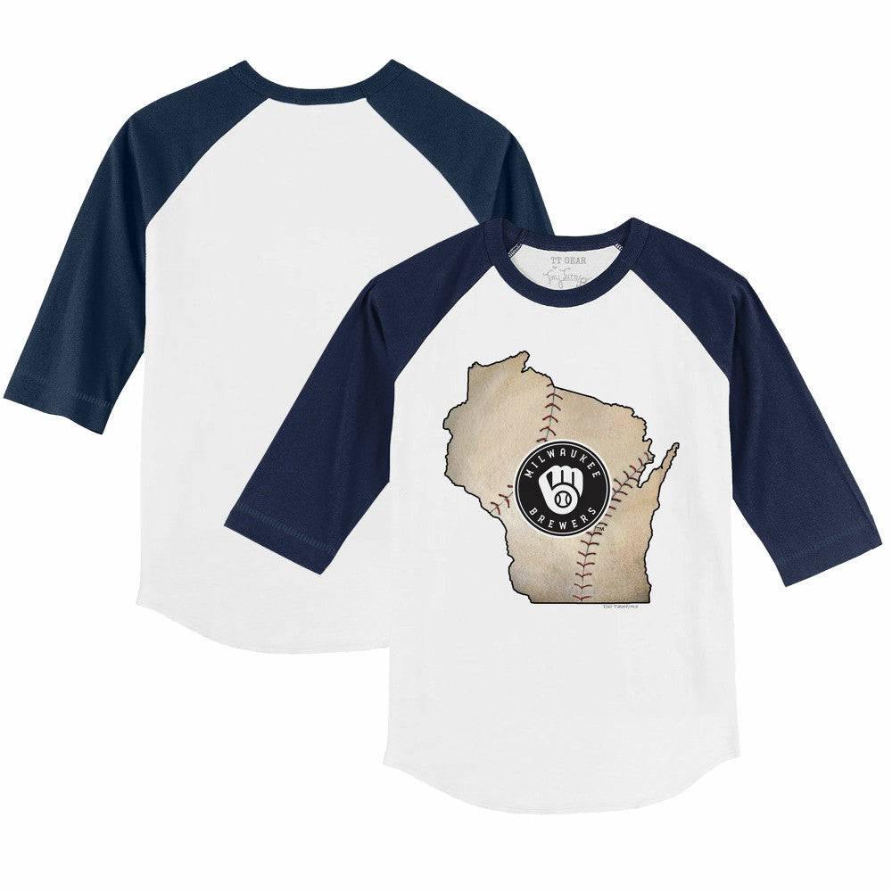 Milwaukee Brewers Tiny Turnip Youth State Outline 3/4-Sleeve Raglan T-Shirt White/Navy