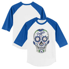 Los Angeles Dodgers Tiny Turnip Youth Sugar Skull 3/4-Sleeve Raglan T-Shirt White/Royal
