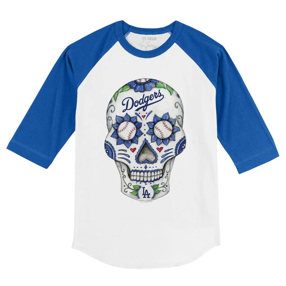 Los Angeles Dodgers Tiny Turnip Youth Sugar Skull 3/4-Sleeve Raglan T-Shirt White/Royal