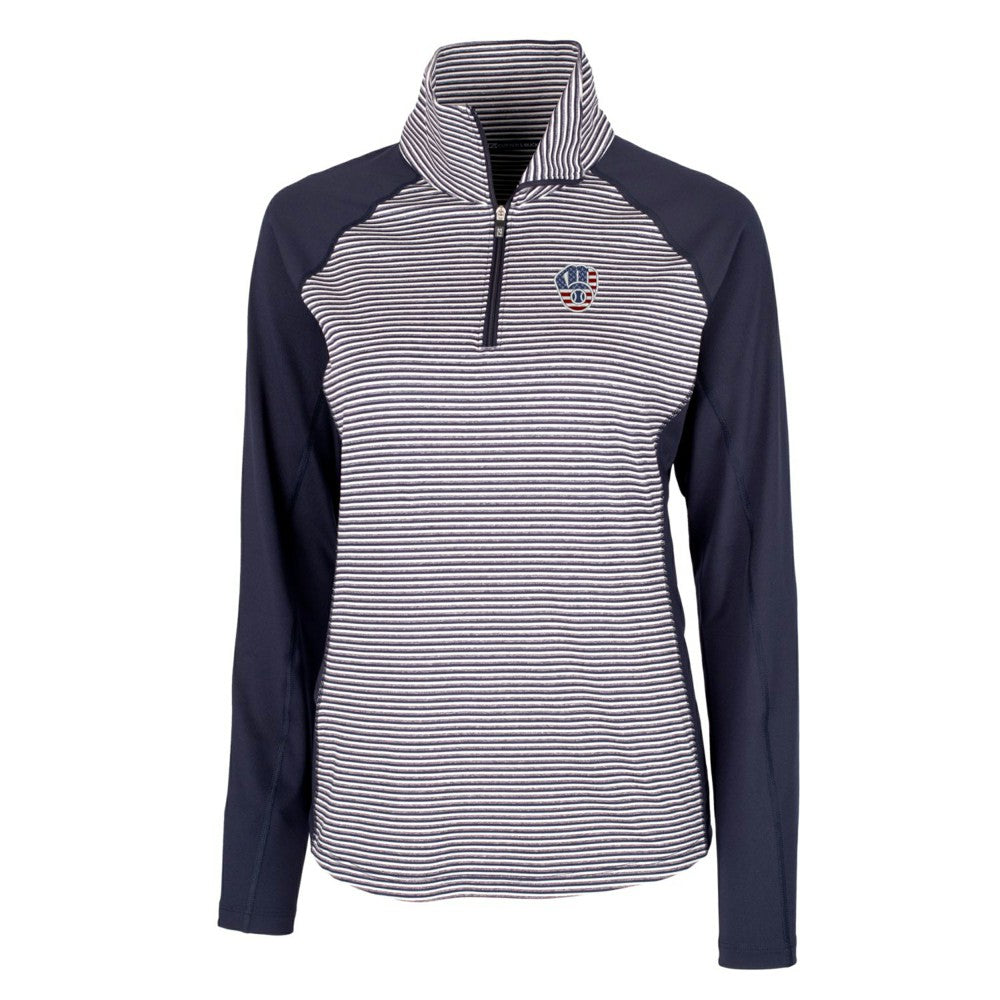 Milwaukee Brewers Cutter & Buck Women's Americana Logo Forge Tonal Stripe Stretch Half-Zip Pullover Top Navy