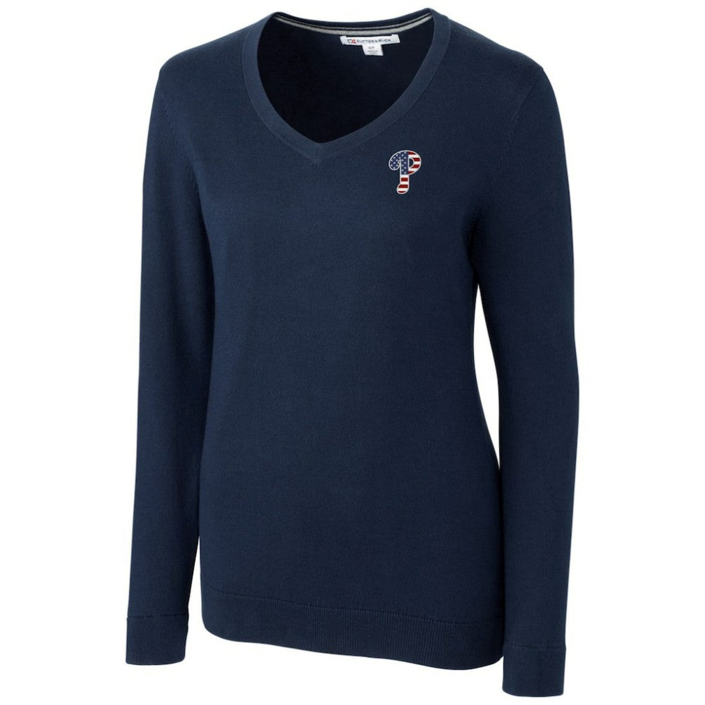Philadelphia Phillies Cutter & Buck Women's Americana Logo Lakemont Tri-Blend V-Neck Pullover Sweater Navy