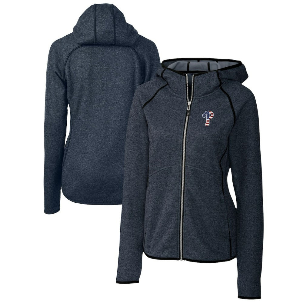 Philadelphia Phillies Cutter & Buck Women's Americana Logo Mainsail Sweater-Knit Full-Zip Hoodie Heather Navy