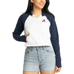 Atlanta Braves Lusso Women's Jane Raglan Quarter-Zip Tri-Blend Cropped Pullover Hoodie White