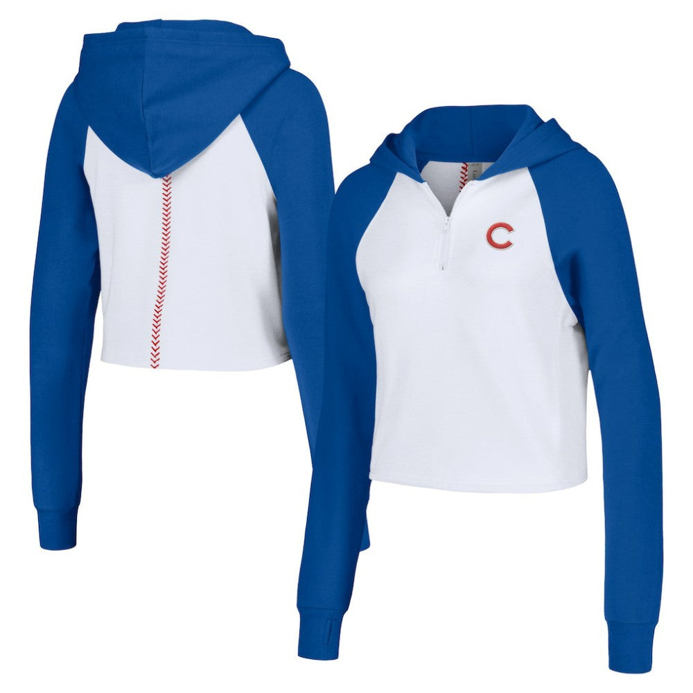 Chicago Cubs Lusso Women's Jane Raglan Quarter-Zip Tri-Blend Cropped Pullover Hoodie White