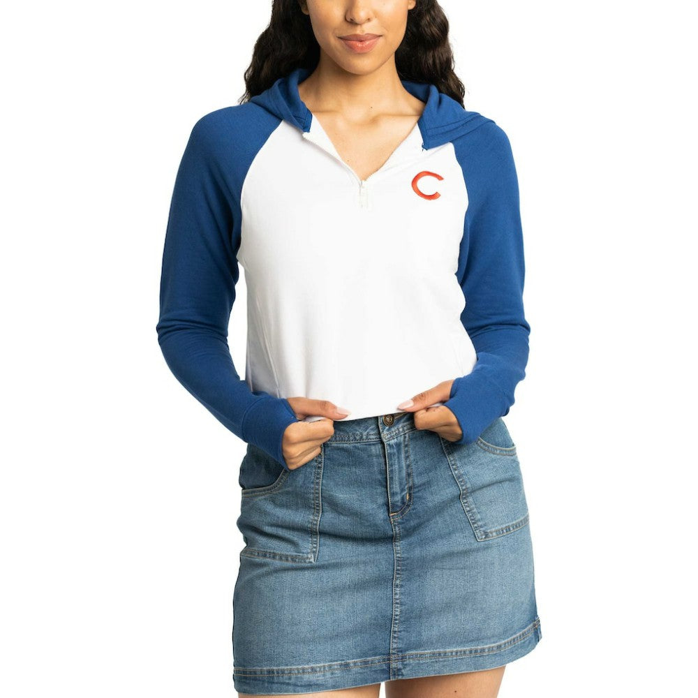 Chicago Cubs Lusso Women's Jane Raglan Quarter-Zip Tri-Blend Cropped Pullover Hoodie White