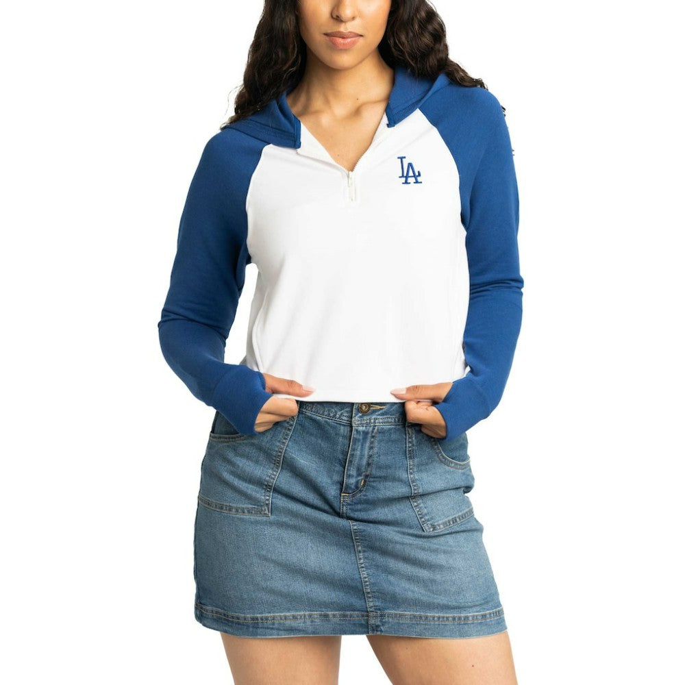 Los Angeles Dodgers Lusso Women's Jane Raglan Quarter-Zip Tri-Blend Cropped Pullover Hoodie White