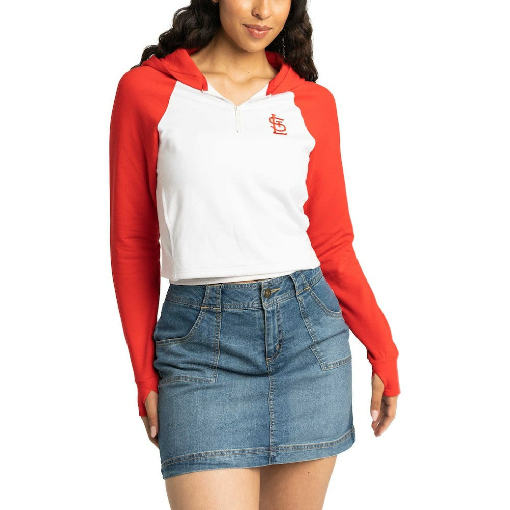 St. Louis Cardinals Lusso Women's Jane Raglan Quarter-Zip Tri-Blend Cropped Pullover Hoodie White