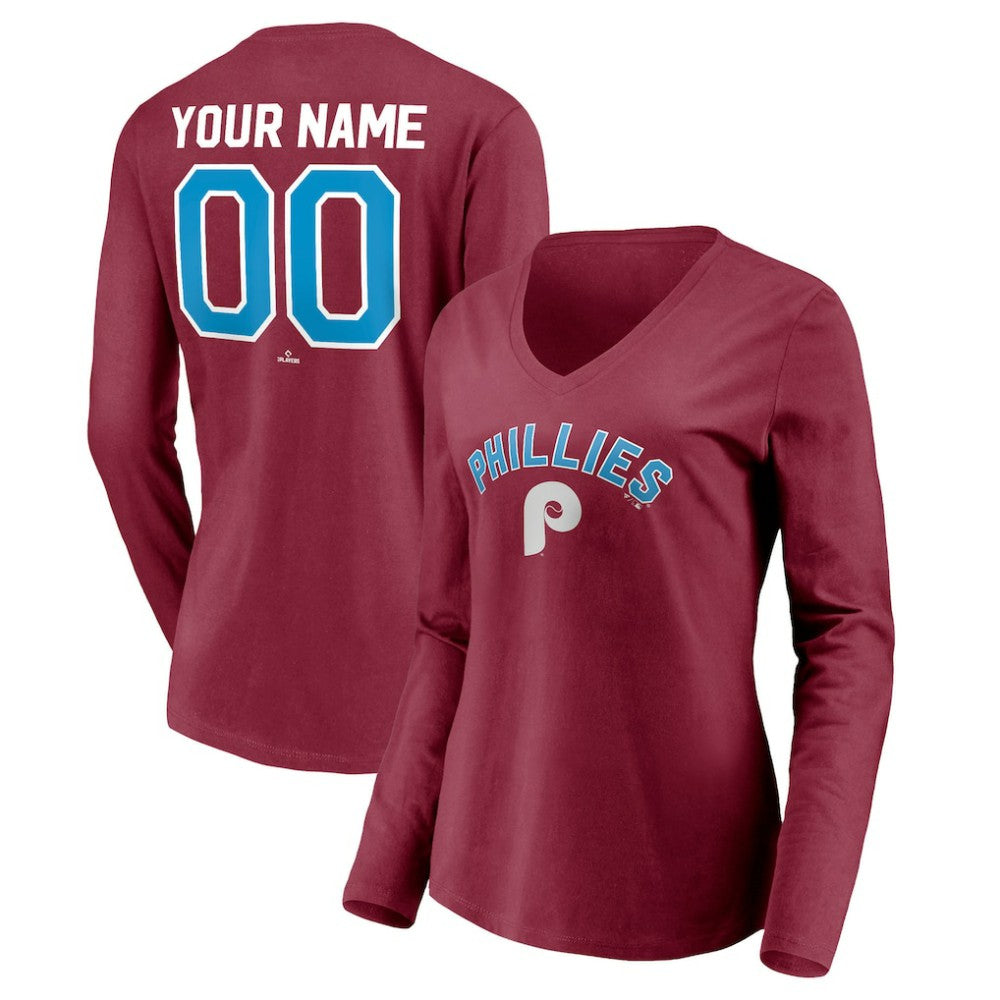 Philadelphia Phillies Women's Personalized Cooperstown Collection Alternate Winning Streak Long Sleeve V-Neck T-Shirt Burgundy